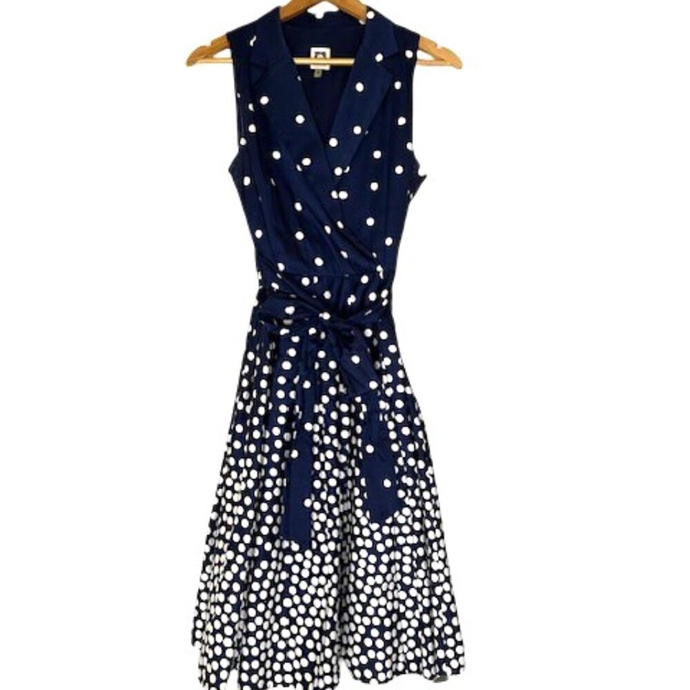 Anne Klein Navy Blue Polka Dot Faux Wrap Dress - Size 6